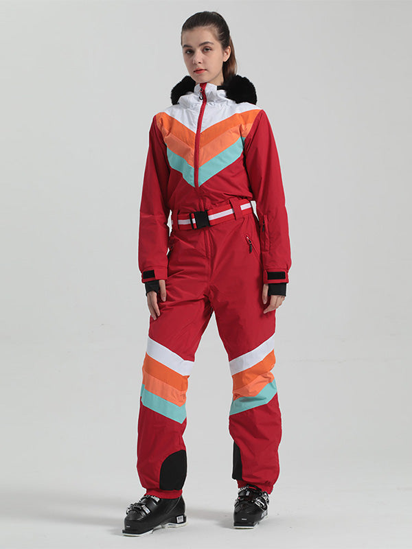 Women's Gsou Snow Padded Belt Ski Suit with FauxFur HoodSlim Fit