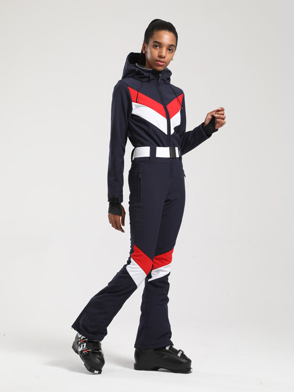 Women's Gsou Snow Retro Belted V Striped Flare Ski Suit One Piece