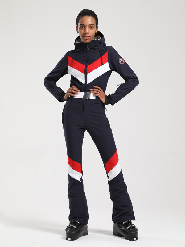 Women's Gsou Snow Retro Belted V Striped Flare Ski Suit One Piece