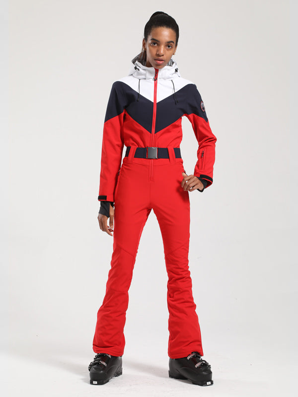 Women's Gsou Snow Retro Belted ColorBlocked Flare Ski Suit One Piee