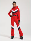 Women's Gsou Snow Retro Belted V Striped Flare One Piece Ski Suit